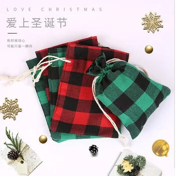10x14cm שחור אדום ירוק שחור סריג שרוך תיק בד כותנה סריג אחסון כיס חג המולד מתנות ממתקים אריזה שקית 10pcs/Lot