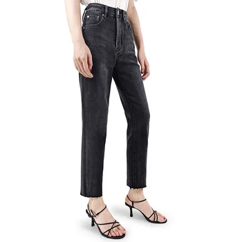 2021 חדש באביב קיץ אופנה שחור אפור עם קו מותן גבוה תשע נקודה תחרה למתוח ג ' ינס להראות רזה קטן ישר מכנסיים A6