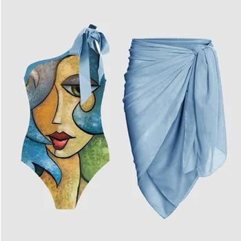 2023 נשים בגדי ים רצועת כתף אחת הפנים הדפסה ביקיני חליפה אלגנטית רזה גבוהה המותניים ללא משענת חלקה תפרים Beachwear
