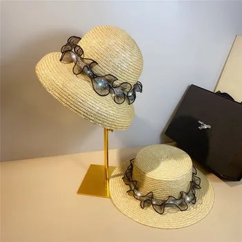202303-שי הקיץ מעצב מעוקל תחרה בעבודת יד קש לבן חרוזים הסרט ליידי fedoras פנמה ג ' אז כובע נשים דלי הכובע