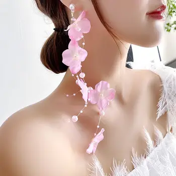 3 חתיכות חוט ארוך עגילי פרח בוהמי צבעוניים זרוק עגיל לנשים אופנה בד שוליים להשתלשל