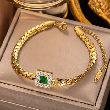 316L נירוסטה חדש אופנה תכשיטים יפים ירוק זירקון כיכר צמיד לנשים צמיד שאינו דוהה תכשיטים מתנה