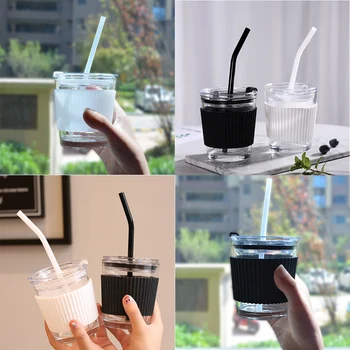 350ML נייד שקוף לכוס זכוכית דליפת הוכחה מים תה קפה חלב ומיץ ספל עם קשיות &מכסים