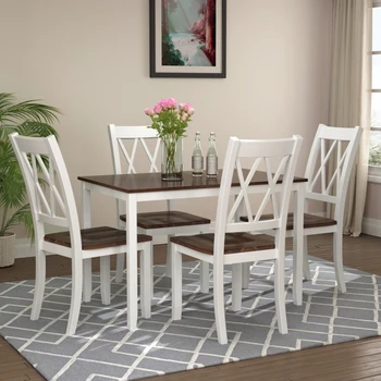 5 חלקים שולחן אוכל להגדיר מטבח ביתי שולחן וכיסאות אוכל עץ להגדיר אמצע המאה סגנון (לבן+דובדבן)