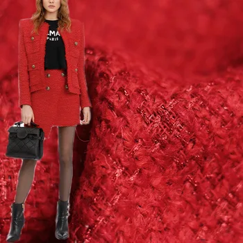 50x145cm צבע אדום צמר חוט צבוע קלוע בד טוויד עבור נשים סתיו מעיל השמלה הזאת מתאימה המעיל תיק DIY בד תפירה