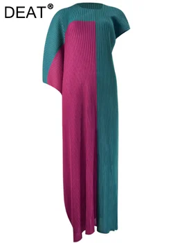 DEAT נשים קפלים שמלה בלוק צבע סימטרית שרוול קצר שמלות מקסי אלגנטי סגנון מקרית 2023 חדש אופנה הקיץ 15AB726