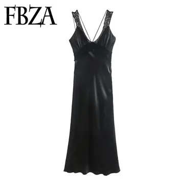 FBZA נשים אופנה 2023 האביב החדש סקסית V-צוואר קלע קישוט תחרה, סאטן שמלה ארוכה שיק צרפתי שחור שמלת ערב Vestidos