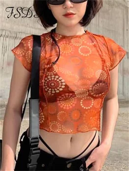 FSDA הדפס רשת שרוול קצר גזורה קיץ נשים לראות דרך לקשור צבע רזה סקסית מזדמן חולצת אופנת רחוב בסיסי Tees