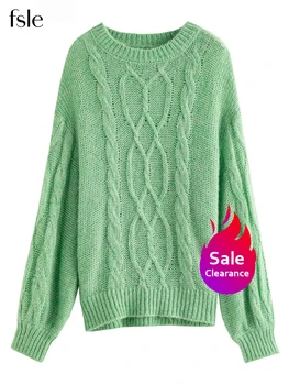 FSLE【מכירת חיסול】נשים מוצק כבל סוודרים סרוגים חופשי מזדמן צמר Pullovers סוודר חורפי חדש צוואר עגול סוודר חם