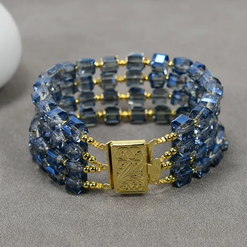 GG תכשיטים 4 חוטים קריסטל כחול מרובע קוביות חרוזים צמיד צמיד בעבודת יד נשים, תכשיטי אופנה מתנות