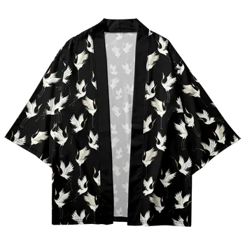 Harajuku יפני שחור קריין הדפסה יאקאטה גברים, נשים, אופנה סוודר רופף החולצה Haori אובי אסיה בגדים Cosplay קימונו