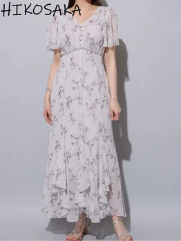 Japanesev-צוואר שיפון שמלה טרי פרחוני מודפס Vestidos הקיץ Fishtail החלוק גבוהה וושינגטוןasia. kgm סלים שרוכים שמלות ארוכות לנשים.