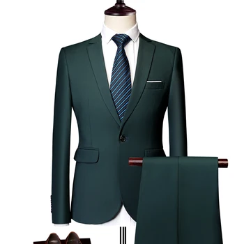 Mens רשמי מתאים להגדיר (ז ' קט + מכנסיים) שני חלקים צבע טהור דק-מתאים טוקסידו עסקים בוטיק אופנה גברים לבוש חליפה להגדיר