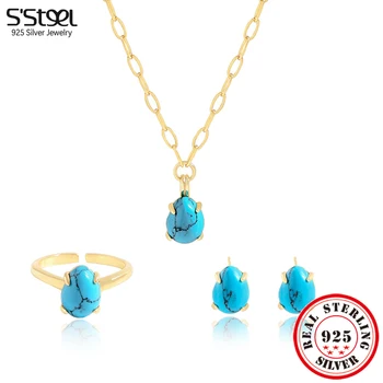 S'STEEL 925 כסף סטרלינג סט כחול טורקיז טבעות לנשים שוגג סט שרשרת אירוסין 2023 מגמה מעצב תכשיטים יפים