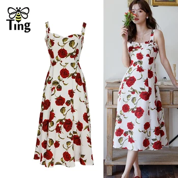 Tingfly רך ילדה קוריאנית אופנה Ruched פרח רוז להדפיס שורה נשים קיץ שמלה ללא שרוולים מזדמן גבוהה המותניים Vestidos חלוקים