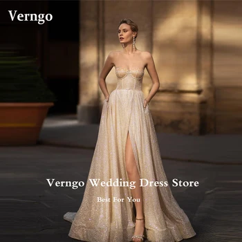 Verngo מודרני נצנצים קו שמלות כלה מתוקה חרוזים צד פיצול כיסי שמלות כלה 2023 זמן רשמי Vestido de noiva