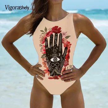 Vigoashely בציר הדפסה חתיכה אחת של בגדי נשים סקסי ללא משענת בגדי ים 2023 גבוהה המותניים בגד ים פוש אפ Monokini לשחות ללבוש