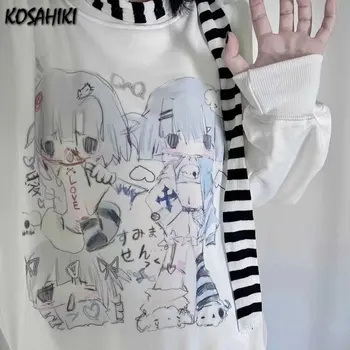 Y2k אסתטיקה קפוצ 'ונים לנשים Harajuku מצויר הדפס וינטג החולצה גראנג' גותי אופנת רחוב יפנית 00s Moletom Feminino