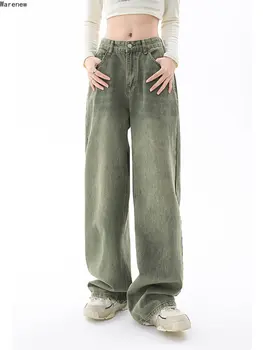 Y2K בציר גבוה מותן בסגנון אופנת רחוב ירוק רופף ג 'ינס מכנסיים אופנה מזדמן נשים רחב הרגל באגי ישר מכנסי ג' ינס