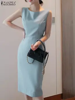 ZANZEA אלגנטי O-צוואר שמלה מזדמן אופנה קוריאנית גלימות משרד ליידי קיץ שמלת קיץ מוצק נשים ללא שרוולים רזה מידי שמלות