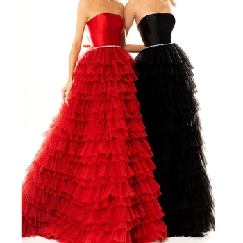 אדום סטרפלס שמלות ערב 2021 סקסי סאטן טול קפלים שמלות לנשף נסיכת קו אלגנטי המותאם אישית מסיבת גלימות דה לנשף