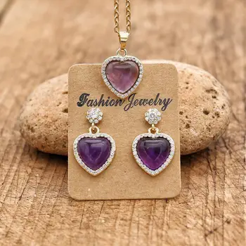 אופנה שרשרת עגילי סט תכשיטי אבן טבעית סגול קריסטל ריינסטון הלב בצורת שרשרת תליון עגיל סט מתנה