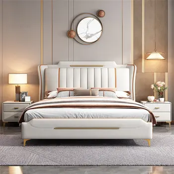 איטלקי בהיר עור יוקרתי, מסגרות למיטה עבור ריהוט חדר שינה מודרני מינימליסטי 1.8 מ ' מיטה זוגית מעצב השינה Bedstead