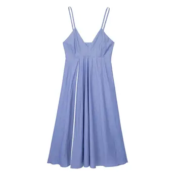 אישה מקרית כחול עם פסים צוואר V קלע השמלה 2023 הקיץ הנשי גבוה Waisted קו פופלין שמלות גבירותיי רך שמלה ארוכה