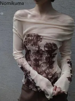 אישה סקסית Tshirts קו נטוי הצוואר ארוך שרוול חולצת קיץ Tees אופנה גזה לראות דרך Y2k מקסימום קפלים מזג החולצות.