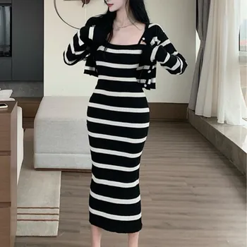 אישה קוריאנית בגדים 2 חתיכה להגדיר נשים אופנה פס שחור לסרוג שרוול ארוך קצרה מעיל + סקסי קלע Bodycon Midi שמלה תלבושת