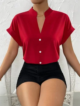 אלגנטית קוריאנית מוצק צבע שרוול קצר חולצת נשים אופנה הקיץ V-צוואר החולצה נשים במשרד העבודה הבגדים אדום, חולצה כחולה Y2K