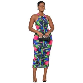 אפריקה טנק השמלה נשים ללא שרוולים או הצוואר עטופים גלימות הקיץ החדש עניבה צבע הדפסה אלגנטי אופנת רחוב ארוך אפריקה השמלה Vestidos