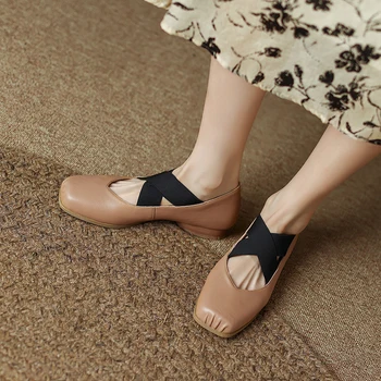 בוהן מרובע בלט שטוחות עור אמיתי אלגנטי נשים נעליים שטוחות בסגנון פשוט קרוס-קשור הנעלה אביב פשוט נעלי אישה