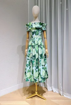 בנות מתוקות קפלים שמלה-קיץ אופנה ירוק שמלת נשף שמלה עבור נשים אלגנטי קו נטוי הצוואר ארוך שמלה מודפסת