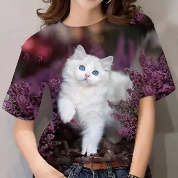 בקיץ חולצת נשים הדפסת 3D חתול חמוד האופנה טי 2023 חדש Harajuku חיה חולצת שרוול קצר מנופחים בגדים מקסימום