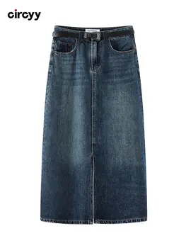החצאית הארוכה נשים עם קו מותן גבוה כפתור ג ' ינס קו כחול שסע ברגל עם חגורה טלאים אופנת רחוב מרוצף מוצק גותי Y2k חצאיות