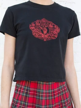 הלב הדפסה שחור חולצות נשים קיץ בציר צוואר עגול כותנה שרוול קצר חולצה נשית Harajuku אופנת רחוב Y2k מקסימום 2023