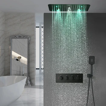 התקרה שחורה מקלחת להגדיר 20 אינץ ' LED גשם Spary מקלחת מערכת Thermostatic 3 דרכים שסתום
