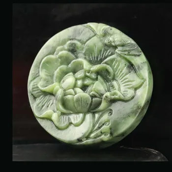 זקן סין טבעי hetian ירוק ג ' ייד יד מגולף פסל תליון פרח #35