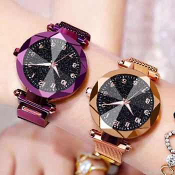 חדש עיצוב אופנה השמים המכוכבים נשים קוורץ שעוני נשים נירוסטה להאיר מגנט שעונים צמיד יוקרה שעונים נשים