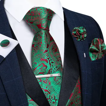 חידוש ירוק אדום פייזלי האפוד חפתים מטפחת עניבת קליפ עבור איש עסקים החתונה Slim Fit הז ' קט טוקסידו השמלה מתנה