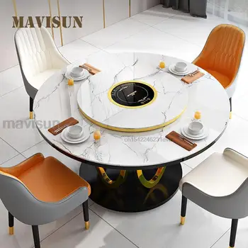 חכם שולחן מטבח עם כיריים אינדוקציה להרחבה שולחנות עגולים עם 360° סיבוב המשטח המסתובב יוקרה בחדר האוכל שילוב