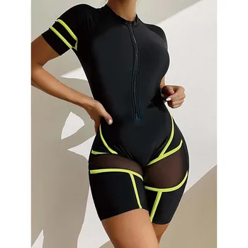 חתיכה אחת של בגדי נשים 2023 החדש לעומת רשת ספורט בגדי ים נשית עם פסים מול Zip Monokini אתלטי החוף בבגד ים