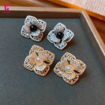 יוקרה מתוק CZ קריסטל פרל פרח עגילים לנשים 2023 קוריאה גבוהה הגיוני החתונה כלות המסיבה עגיל תכשיטים