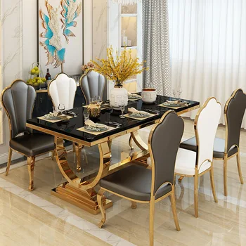 יוקרה סופר נירוסטה השיש חדר האוכל ערכות 180cm גדול שולחן ארוחת הערב הנוצץ טיטניום זהב שולחן בסיס פופולרי רהיטים