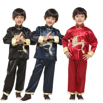 ילדים בסגנון סיני טאנג חליפת הדרקון רקמה ילד ילדה ילדים מסיבת שנה החדשה תלבושות קונג פו מסורתי מזרחי סט בגדים