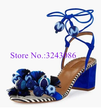 כחול חדש ציצית תחרה למעלה גברת סנדלי אופנה הבוהן ציוץ קיץ נעליים מזדמנים חוף סנדלי אישה מסיבה סקסית עקבים גבוהים Dropship