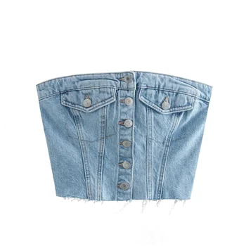 כחול ללא משענת ג ' ינס המחוך יבול נשים החולצה הכתף ללא שרוולים מחוך מקסימום 2023 הקיץ ליידי סקסית אלגנטית לובשים רחוב מיכל