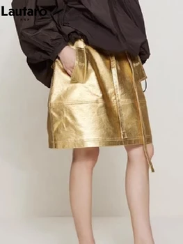 לאוטרו, קיץ, סתיו זהב נוצץ דמוי עור חצאית נשים עם Sashes קו קוריאני סגנון בגדים אופנת רחוב 2023 מסלול האופנה