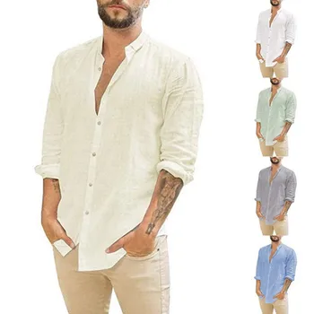 לגברים חולצה רופף פשתן קרדיגן מקסימום צבע מוצק מקרית על כפתור למעלה צווארון שרוול ארוך דק, חולצה בתוספת גודל מ-5XL